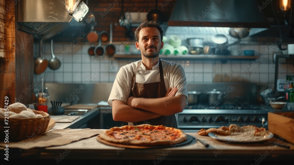 Pizzaiolo. The cook is preparing pizza. Pizzeria owner. Kitchen. Cooking food. Own business. Gastro Industry