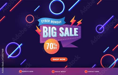 cyber monday big sale discount template banner with copy space for product sale with abstract gradient purple and blue background design