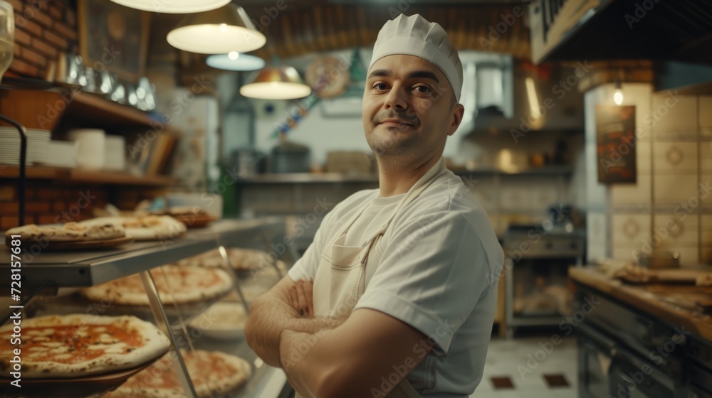 Pizzaiolo. The cook is preparing pizza. Pizzeria owner. Kitchen. Cooking food. Own business. Gastro Industry Pizzaiolo. The cook is preparing pizza. Pizzeria owner. Kitchen. Cooking food. Own business. Gastro Industry