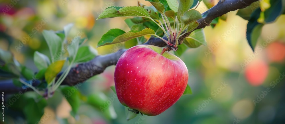 A ready-for-harvest red apple on the apple tree branch in the garden. A ready-for-harvest red apple on the apple tree branch in the garden.