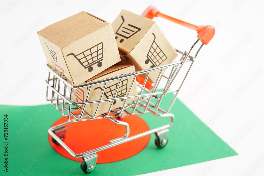 Online shopping, Shopping cart box on Bangladesh flag, import export, finance commerce.