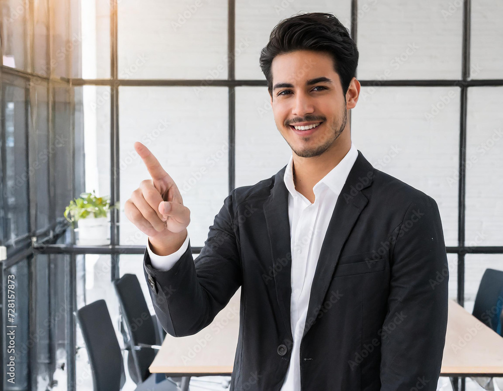 Fototapeta premium Smiling businessman standing confidently in a corporate office, exuding success and professionalism