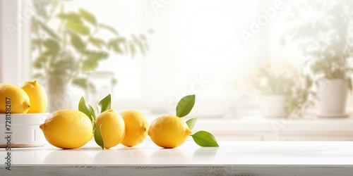 Lemons on a table in a white kitchen on a sunny day with empty space.