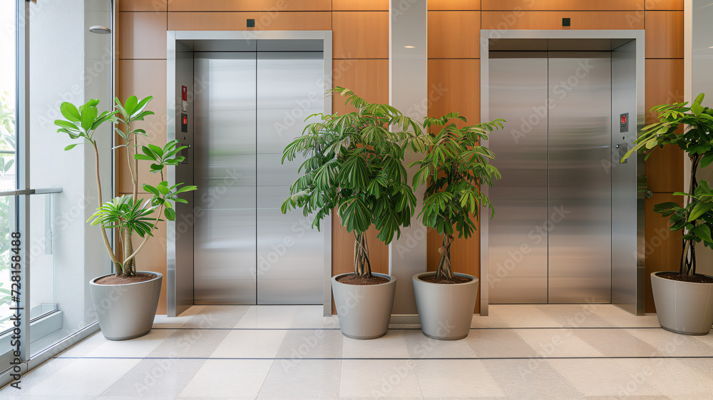 a closed office elevator door with potted plants - obrazy, fototapety, plakaty 