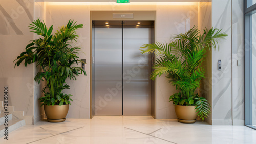 Obraz na płótnie a closed office elevator door with potted plants
