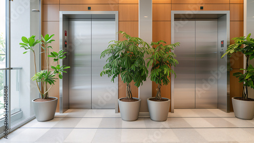 a closed office elevator door with potted plants