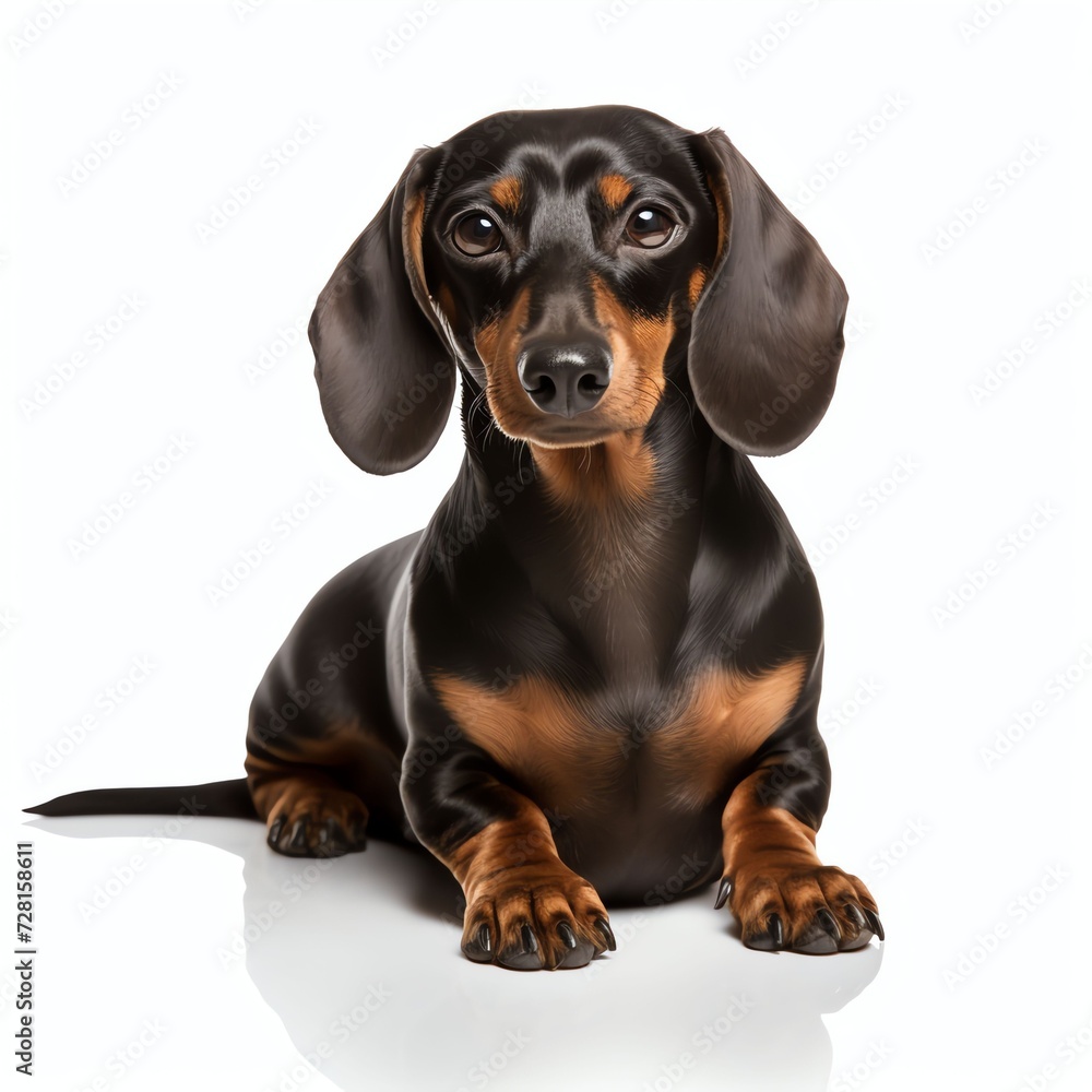 a dachshund sausage dog sitting, studio light , isolated on white background,