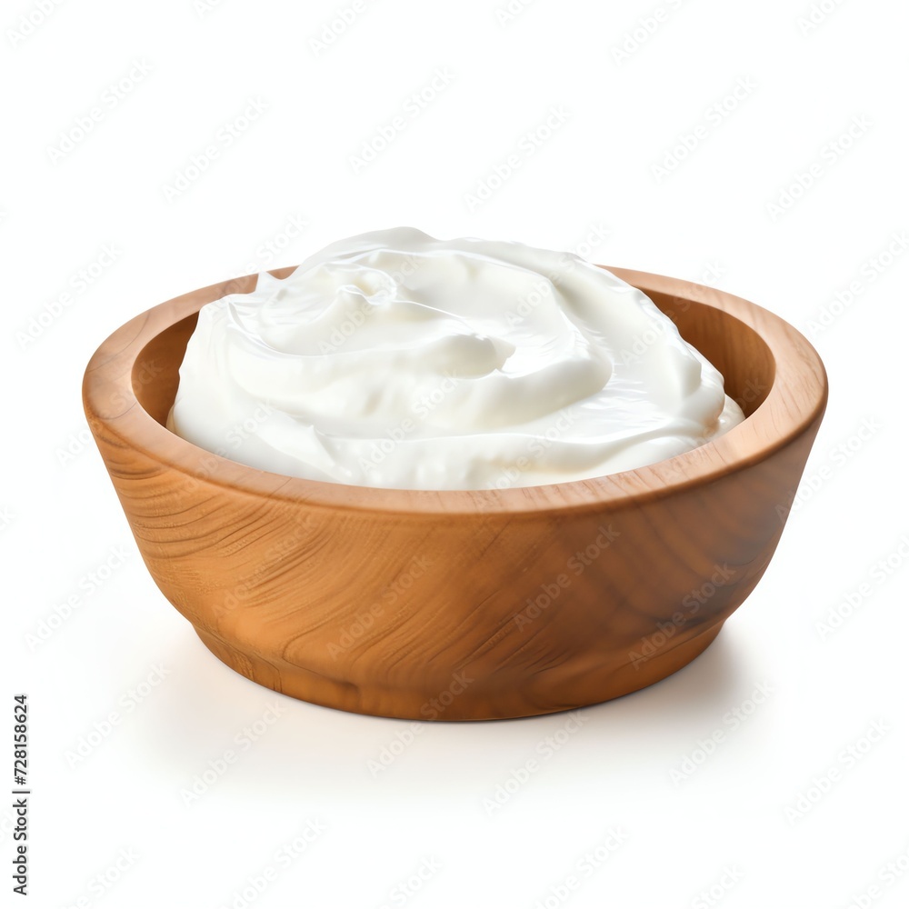 a greek yogurt in wooden bowl, studio light , isolated on white background a greek yogurt in wooden bowl, studio light , isolated on white background