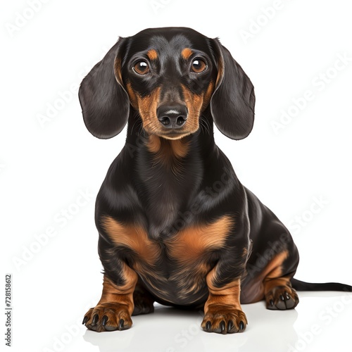 a dachshund sausage dog sitting, studio light , isolated on white background,