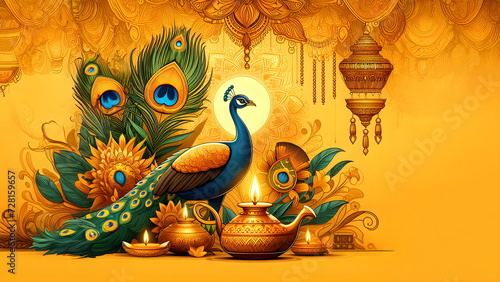 illustration of thaipusam background with diya lamp and peacock photo