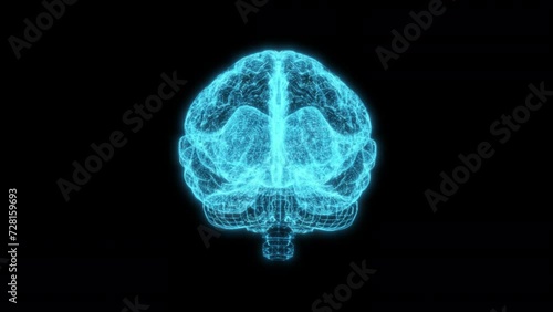 Neon Blue Human Brain 4k glowing 3d Hologram Skeleton loop animation for Medical, Educational, Anatomy, Alzheimer disease patient check, nerves, human brain cell healthcare, medicine and treatment