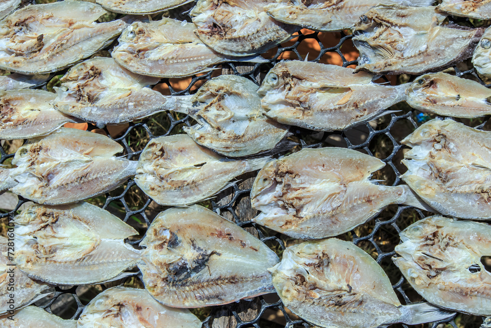 Dried salted fish in open space at Maiga island, an island mainly inhabited by sea Bajau. Dried salted fish in open space at Maiga island, an island mainly inhabited by sea Bajau.