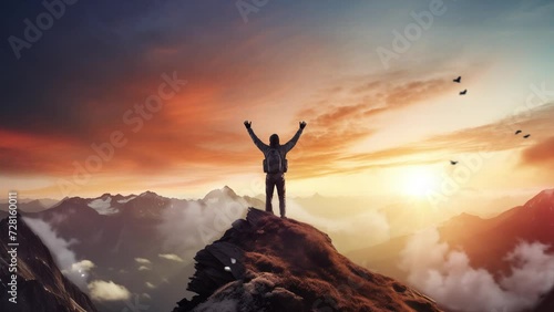 silhouette of the man on top the peak of mountain. silhouette of a person on a mountain. seamless looping overlay 4k virtual video animation background  photo