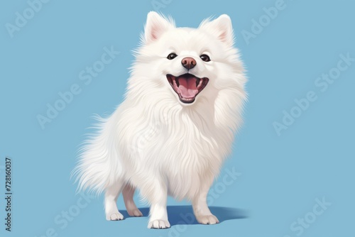 White spitz watercolor portrait painting. Illustrated dog puppy, isolated on blue background. AI Generated © EarthWalker