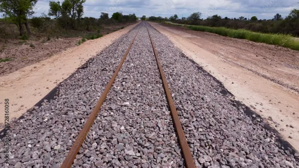 Fresh new railroad tracks and subgrade ballast built up without sleeper bar, aerial dolly Fresh new railroad tracks and subgrade ballast built up without sleeper bar, aerial dolly