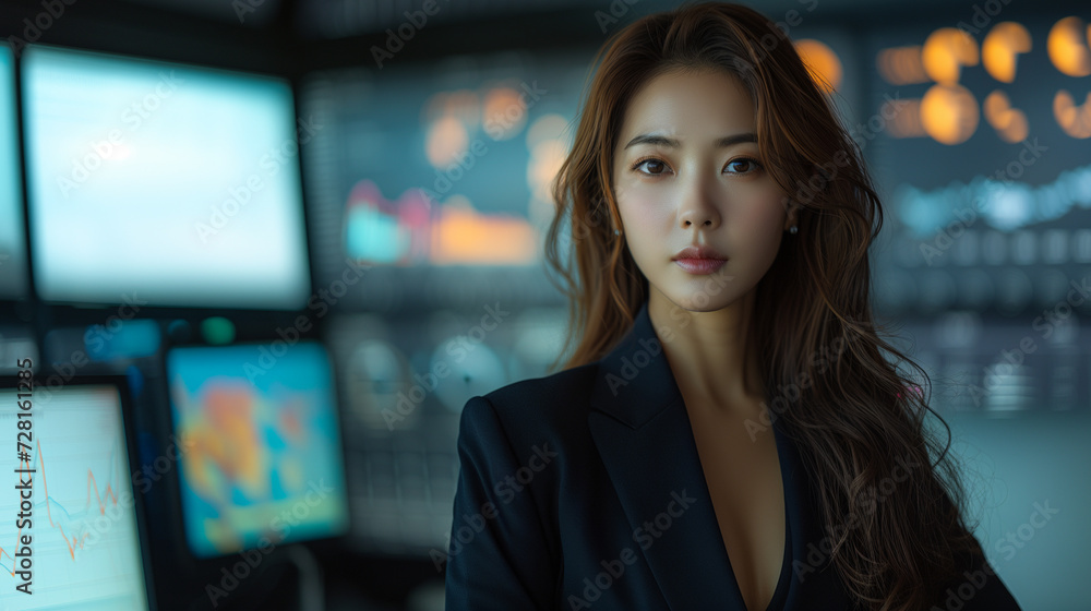 Elegant young woman with a serious expression in a smart business attire at a high-tech workstation. Elegant young woman with a serious expression in a smart business attire at a high-tech workstation.
