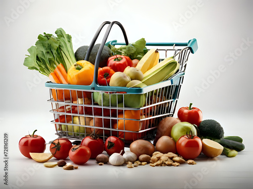 a shopping basket full of groceries on a white background, shopping cart