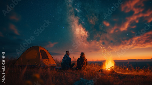 A couple sits by a campfire under a starry sky, with a tent pitched in the wilderness at twilight.