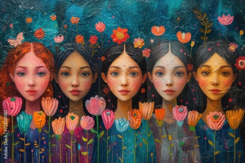 Illustration of five girls with flowers in a whimsical style. photo