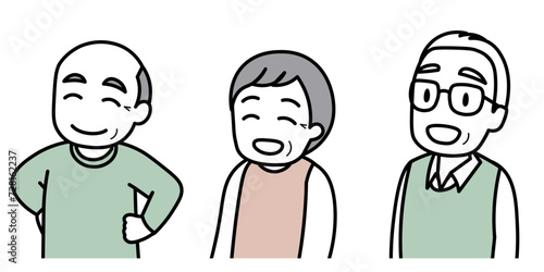 シニア男女3人の上半身イラスト（笑顔）