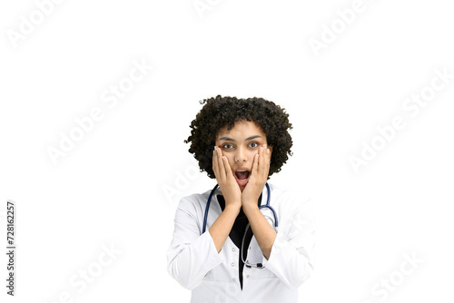 Female doctor, close-up, on a white background, is surprised