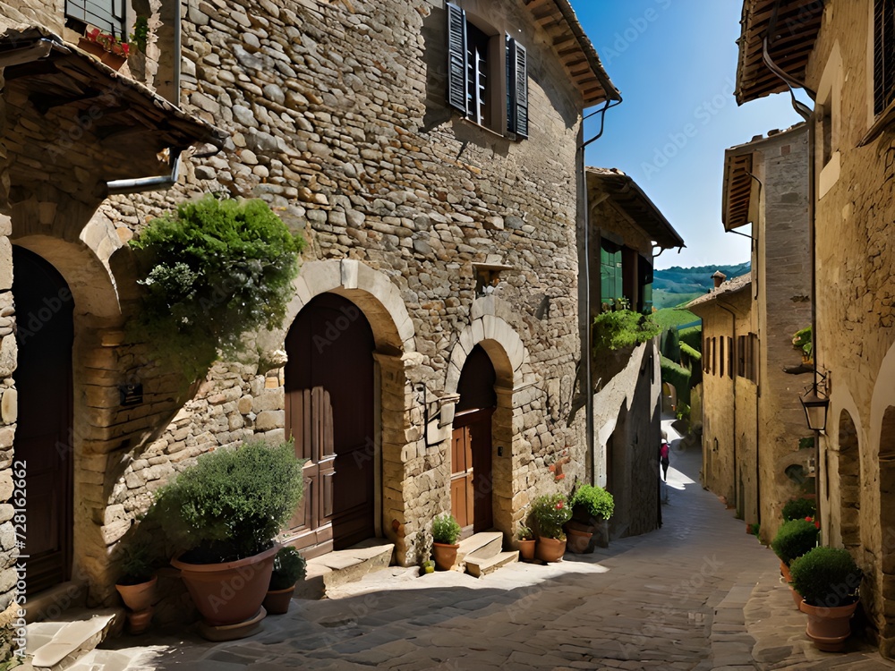 Fototapeta premium a narrow street with a stone building and potted plants