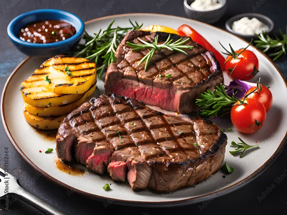a plate of steak and grilled vegetables a plate of steak and grilled vegetables