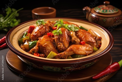 Chinese Kung Pao chicken dish in a traditional bowl.