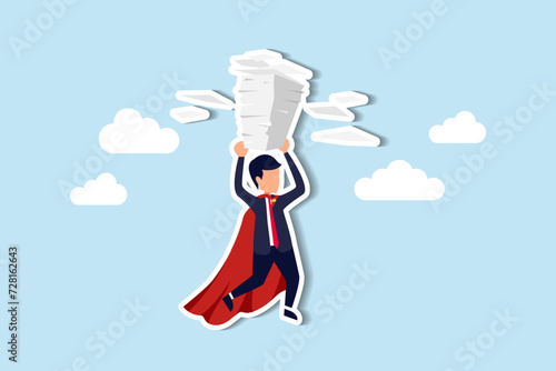 Manage busy tasks, handle workload, multitask efficiently within deadlines, organize documents, stay effective and productive concept, businessman superhero carry load of paperwork documents.