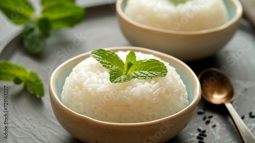 A delicious rice dessert enhanced with the freshness of mint, a unique fusion of flavors and textures. Soft rice grains and mint in culinary harmony.