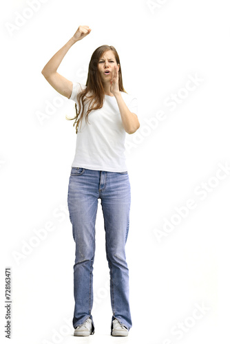 A woman, full-length, on a white background, rejoices