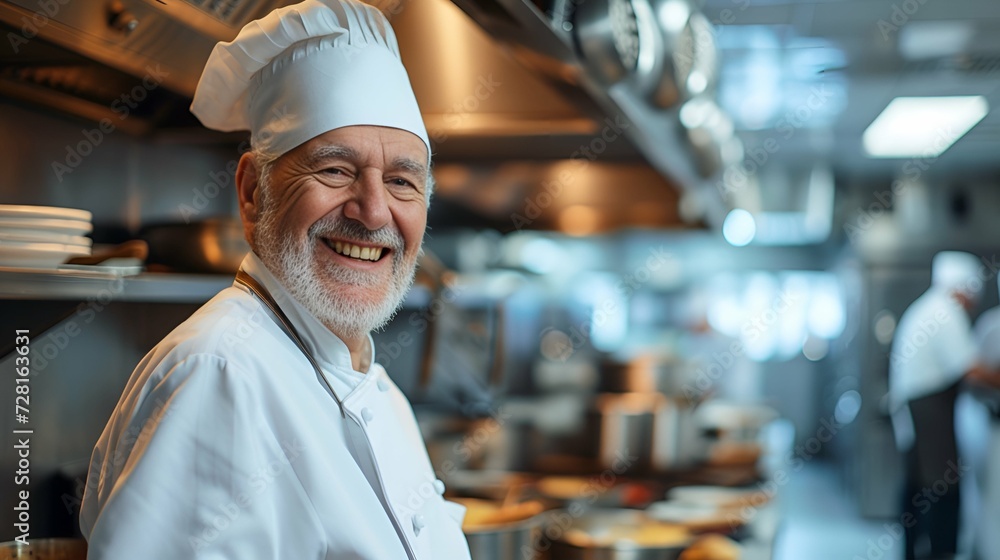 A smiling senior chef in the commercial kitchen. Generative AI.
