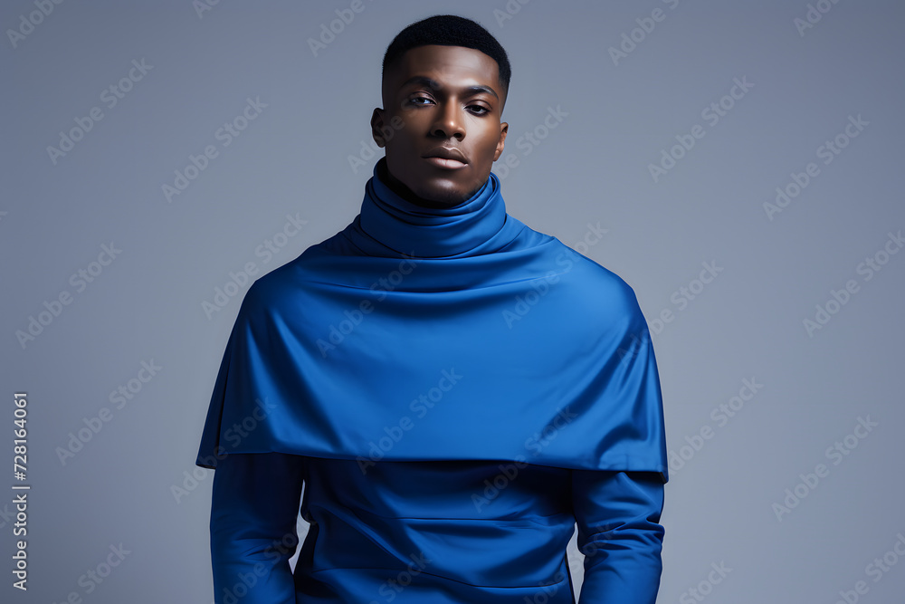 A man showcases a stylish and blue ensemble, exuding flair and confidence