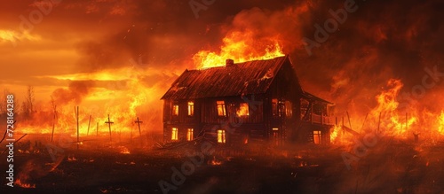 Fiery Evening: Burning, Wooden House Creates an Unforgettable Scene in the Evening