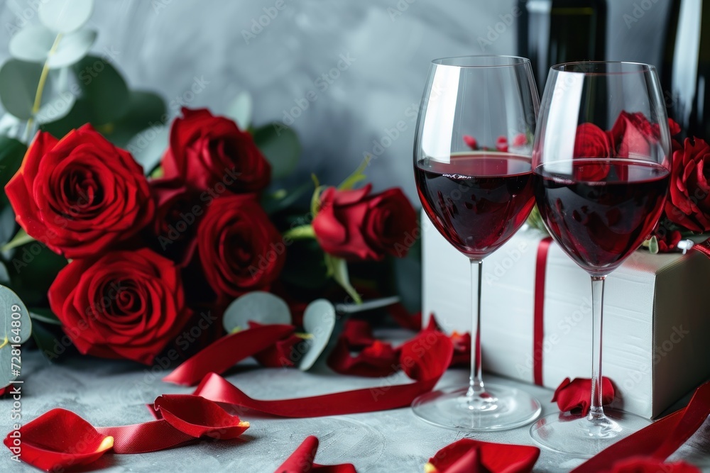 Red flower roses next to a wine gift box two wine glasses holding wine. Generative AI. Red flower roses next to a wine gift box two wine glasses holding wine. Generative AI.