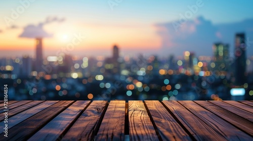 Empty wooden table with city view background, for product display. Generative AI.