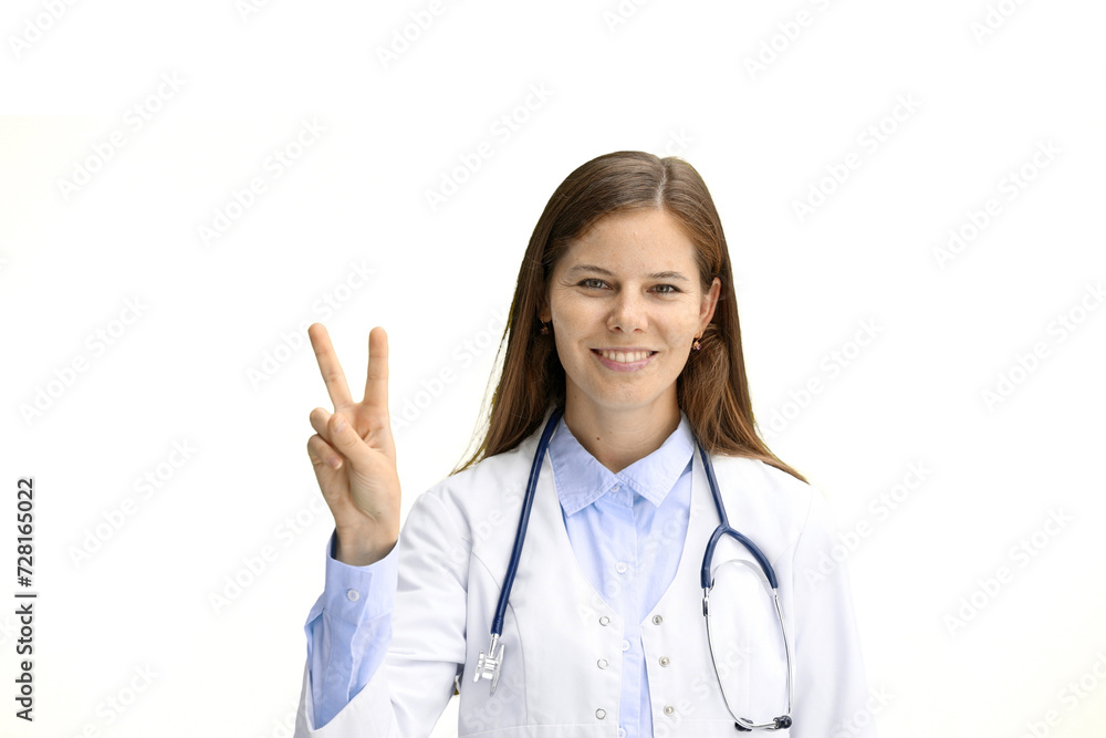 Female doctor, close-up, on a white background, shows a victory sign