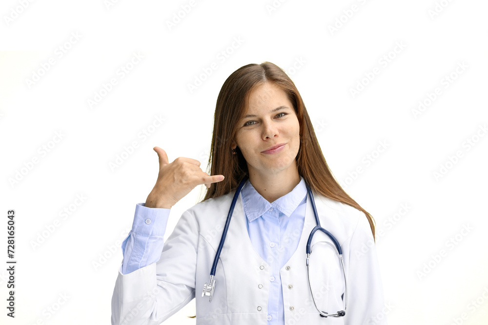 Female doctor, close-up, on a white background, shows a call sign Female doctor, close-up, on a white background, shows a call sign