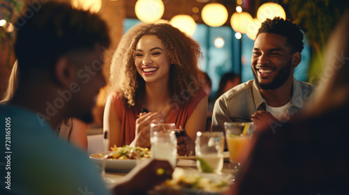 Multiracial millennials enjoying a meal at a trendy restaurant