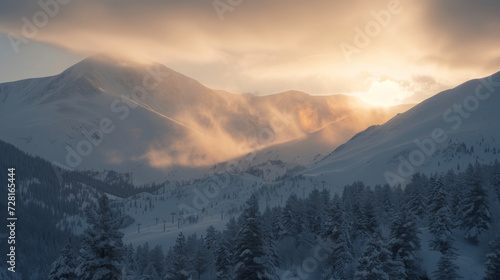 The soft diffused light of the cloudy sunrise creates a dreamy atmosphere making the snow peaks appear even more glistening. © Justlight