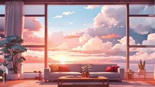 animated virtual backgrounds, stream overlay loop, living room interior, clouds window, cozy white grey lo-fi, vtuber asset twitch zoom OBS screen, anime chill in night city photo