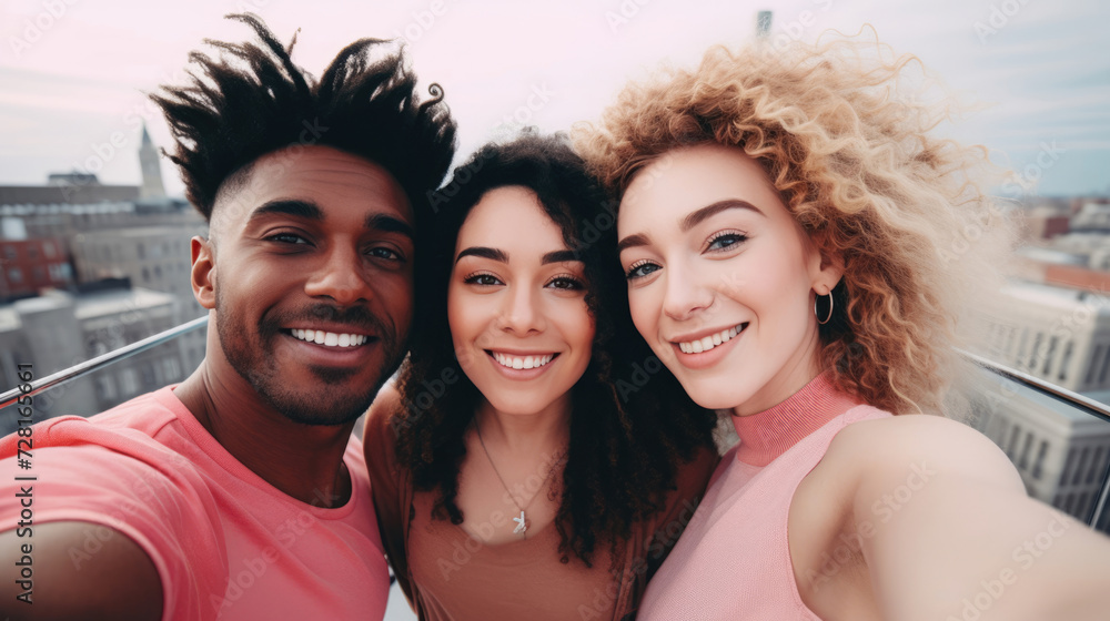 Fototapeta premium Multiracial friends taking a selfie at a rooftop party