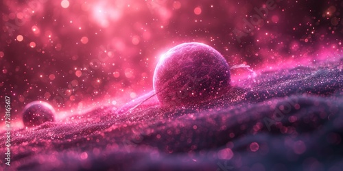 illustration of abstract purple planet Saturn with rings and glowing particles and bokeh