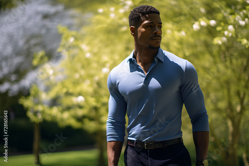 A stylish man in an elegant blue outfit amidst trees in a park