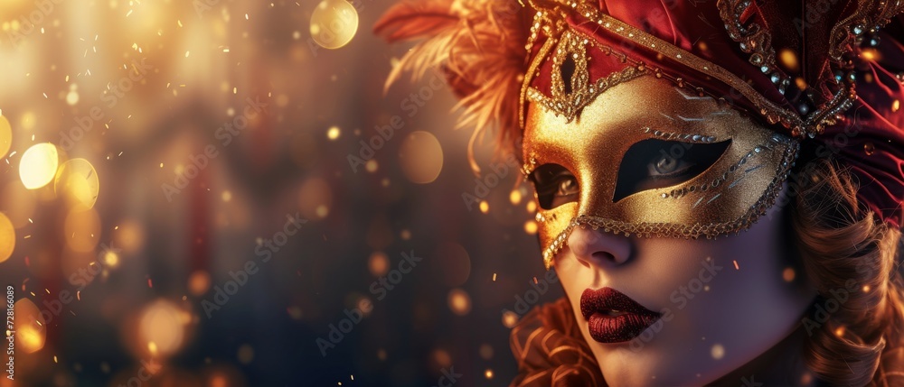 A colorful masquerade mask in bright colours on a blurred festive background with bokeh , party, Rio, Venice and Tenerife carnival concept banner poster or card design copy space A colorful masquerade mask in bright colours on a blurred festive background with bokeh , party, Rio, Venice and Tenerife carnival concept banner poster or card design copy space