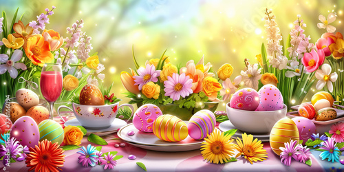 Easter Brunch: A Vector Illustration of a Festive Easter Brunch Table with Decorated Eggs and Spring Flowers, Illustrating a Joyful Celebration