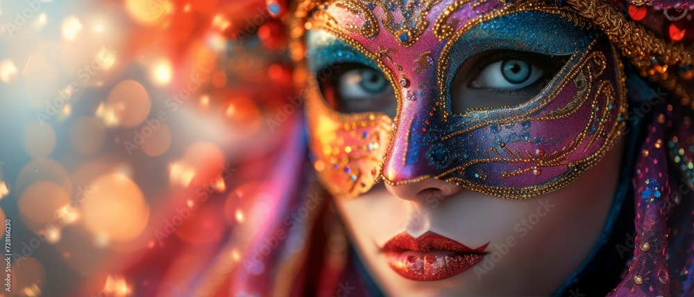 A colorful masquerade mask in bright colours on a blurred festive background with bokeh , party, Rio, Venice and Tenerife carnival concept banner poster or card design copy space