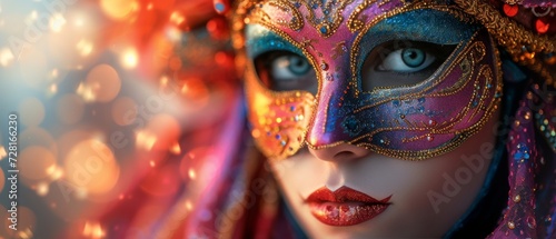 A colorful masquerade mask in bright colours on a blurred festive background with bokeh , party, Rio, Venice and Tenerife carnival concept banner poster or card design copy space © ND STOCK