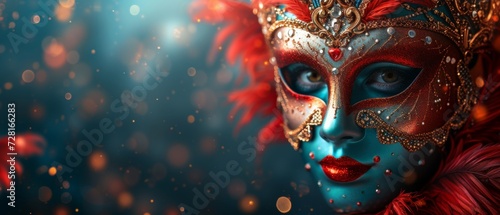 A colorful masquerade mask in bright colours on a blurred festive background with bokeh , party, Rio, Venice and Tenerife carnival concept banner poster or card design copy space