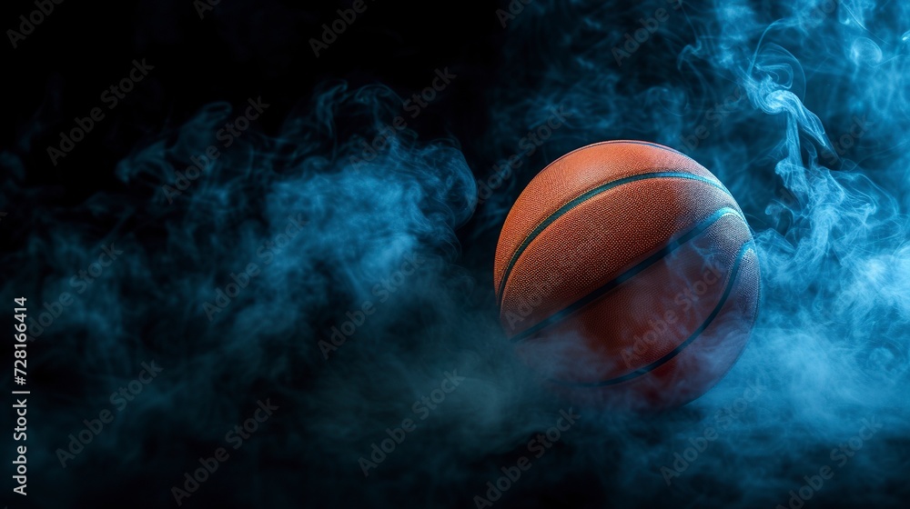 A basketball enveloped in smoke on a dark background in a mysterious and dynamic atmosphere. Basketball ball with smoke in contrast between darkness and contained energy.